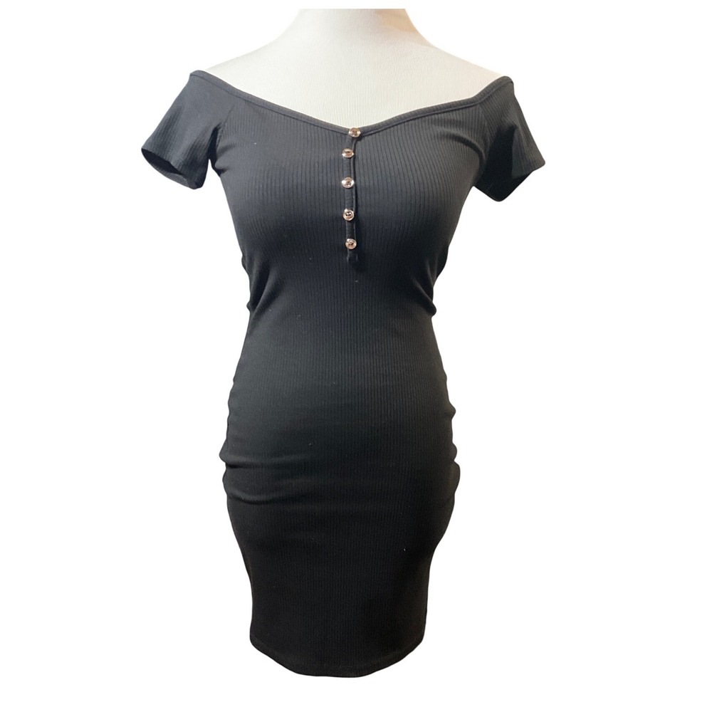 Popular 21 Bodycon Dress Womens Small Black Ribbed Off Shoulder Mini DY7194‎